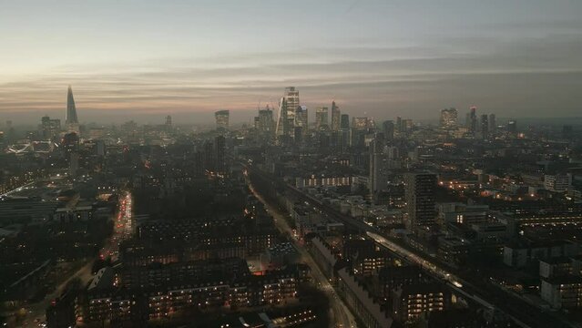 city skyline early evening aerail drone shot. London wapping area.