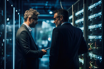 Two businessmen having a discussion in a modern data center, surrounded by servers and cables. Concept of network security and information technology management in a corporate setting