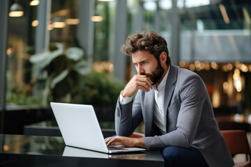 Worried businessman in a hotel lobby, using his laptop to review finances trying to dodge an economic downturn. Concept of concern over the recession