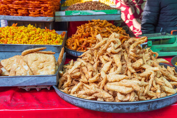 Fried snack food for sale at a market in a village of Jammu and Kashmir.