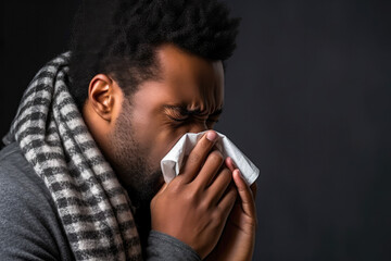 Young African American man with flu. Blowing his nose into a tissue. Concept of cold or allergy season