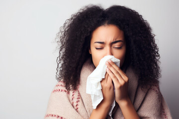 Young African American woman with flu. Blowing her nose into a tissue. Concept of cold or allergy season - obrazy, fototapety, plakaty