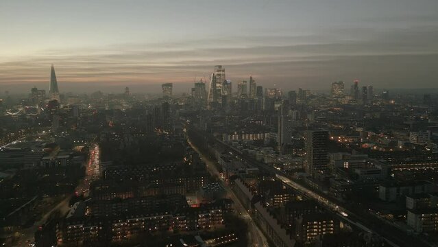 London Skyline wapping area, Early Evening Drone Shot Cityscape