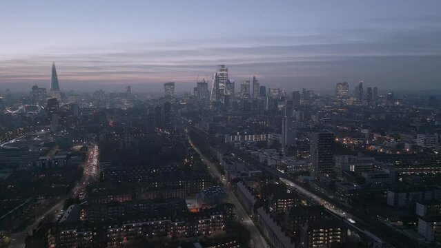 London Skyline wapping area, Early Evening Drone Shot Cityscape