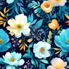 a painting of watercolour florals on a dark blue background