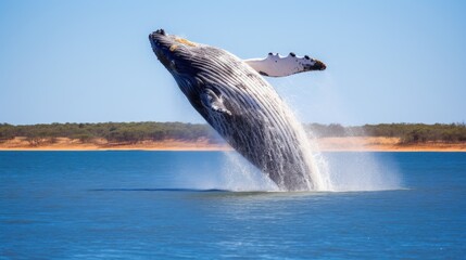 Whale Jumping From Open Water in Sea Under Blue Cloudy Sky With Bright Sun