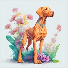 Vizsla dog standing, full height, flowers on the background. Watercolor art, pop art. Digital illustration created with Generative AI technology.