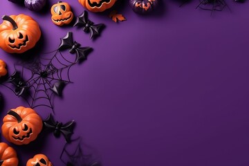 Halloween flat lay composition with pumpkins, bony hands, spiders, bats on purple background. Happy...