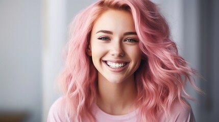 young laughing woman with pastel pink hair, tongue sticking out, blue eyes, peace gestures funny facial expressions