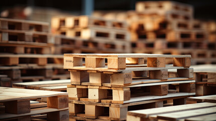 Wooden pallet stacked in empty warehouse closeup - obrazy, fototapety, plakaty
