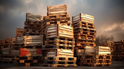 Fotobehang Schip Wooden pallet stacked in empty warehouse closeup