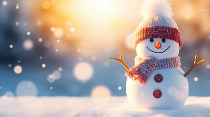 Obraz premium Christmas winter background. Snowman standing on the snow bokeh by sunlight. copy space