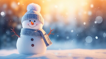 Christmas winter background. Snowman standing on the snow bokeh by sunlight. copy space