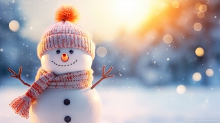 Christmas winter background. Snowman standing on the snow bokeh by sunlight. copy space