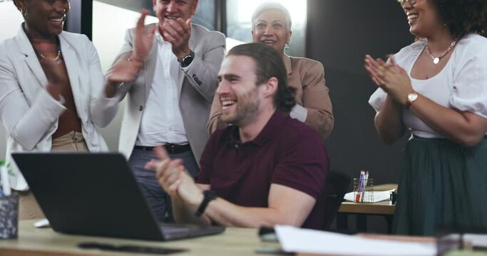 Applause, high five and business people on laptop bonus, startup goals, profit or project celebration in office. Happy group of men and women with teamwork, success and support for news on computer