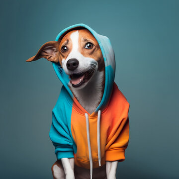 Jack Rusell Terrier very happy dressed in a blue hoodie, on a blue clean background,studio photo,ultra detailed