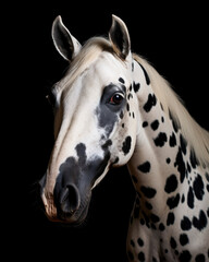 Generated photorealistic portrait of a horse with black spots
