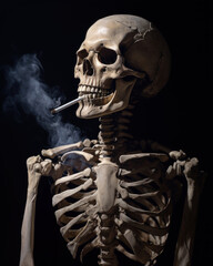 Generated photorealistic image of a skeleton with a cigarette in his mouth