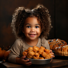 Naklejka premium Mixed child, mexican, Thanksgiving, pumpkins created with generative IA technologie 