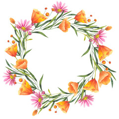 Watercolor illustration of wildflower wreath. Floral template with space for text. Hand drawn california poppies, dried flowers on white background for design cards, invitations, backgrounds.