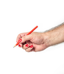 Male hand with red painted fingernails holding red graphite pencil, isolated on white background. Concept of difference and LGBT