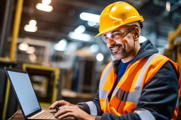 Factory worker at an oil refinery using a laptop computer for maintenance tasks