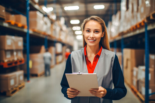 Portrait of a confident female floor manager in a distribution center warehouse, holding a clipboard and smiling