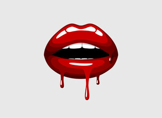 Red dripping girl lips. Woman bleeding sexy red mouth. Melting kiss with lipstick, gloss. Valentines, mothers day logo.