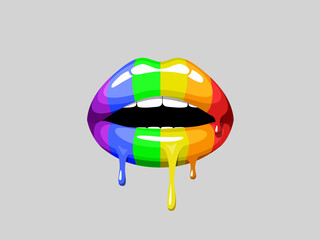 Rainbow  pride day dripping mouth, bites LGBT lip for print shop. Sensual melting lips with rainbow lipstick. Pride month woman lips. Paint drops. coming out, free love, flag, support.