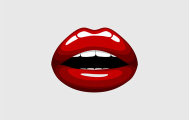 Red girl lips. Woman sexy red mouth. Melting kiss with lipstick, gloss. Valentines, mothers day logo.