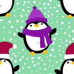 Fototapeta premium Winter animals seamless cartoon penguin pattern for wrapping paper and kids clothes print and Christmas