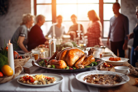 Thanksgiving party: family dining with roast turkey