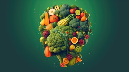 Colorful head made out of various vegetables and fruits, brain food on a green background with copy space for text