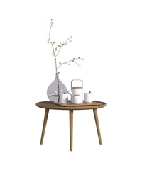 Wooden decor table coffee isolated on transparent background. 3D render. PNG. Scandinavian. 