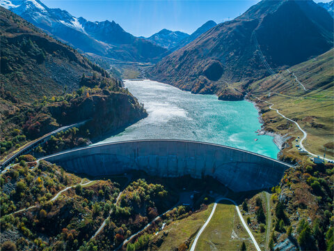 Barrage, barrage hydro&eacute;lectrique, lac de retenue, lac, &eacute;lectricit&eacute;, bleu, eau, globe, vert, vue a&eacute;rienne, fleuve, nature, montagne, barrage, vue, Europe, suisse, alpes