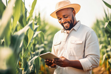 A modern farmer in a corn field using a digital tablet. Farming and agriculture concept. - obrazy, fototapety, plakaty