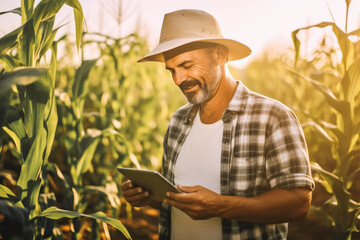 A modern farmer in a corn field using a digital tablet. Farming and agriculture concept.