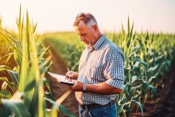 A modern farmer in a corn field using a digital tablet. Farming and agriculture concept.