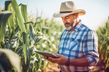 Keuken foto achterwand Pistache A modern farmer in a corn field using a digital tablet. Farming and agriculture concept.