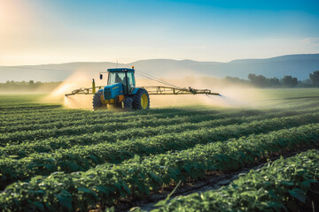 Fototapeta premium A spring generation soybean field being sprayed with pesticides. Agriculture and farming concept.