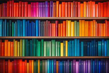 Bookshelf with multi colored books background. Beautiful colorful rainbow books on bookshelf - Powered by Adobe