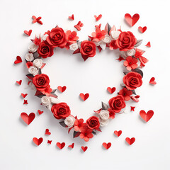 Heart shaped illustration made of red roses and petals