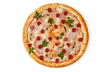 pizza with ham and hunting sausages on white background for food delivery restaurant menu 1