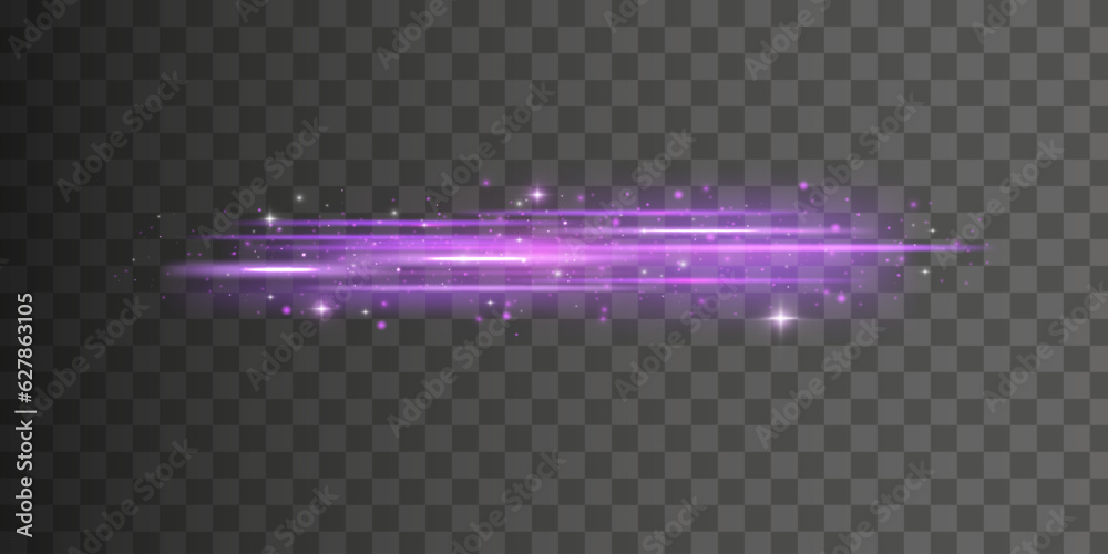 Poster purple soft horizontal neon lines. set of abstract lens flares. flash purple line motion. laser spar