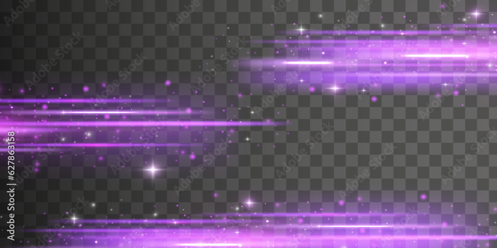 Poster purple soft horizontal neon lines. set of abstract lens flares. flash purple line motion. laser spar