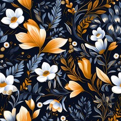 blue orange flowers and leaves seamless textile floral