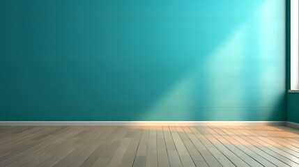 Interior background for the presentation. Blue turquoise empty wall and wooden floor with glare from the window