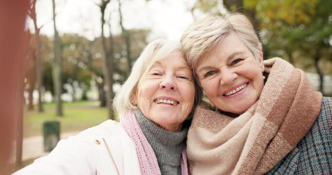 Smile, face and senior selfie with women in nature for a memory, video call or bonding in retirement. Happy, friends and portrait of elderly people taking a picture in a park for holiday or care