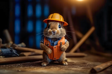 Cute Rabbit builder posing at his workplace, Animal Professions, World Works