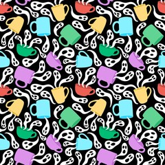 Halloween cartoon monsters seamless ghost and cup of tea and coffee pattern for wrapping paper and fabrics